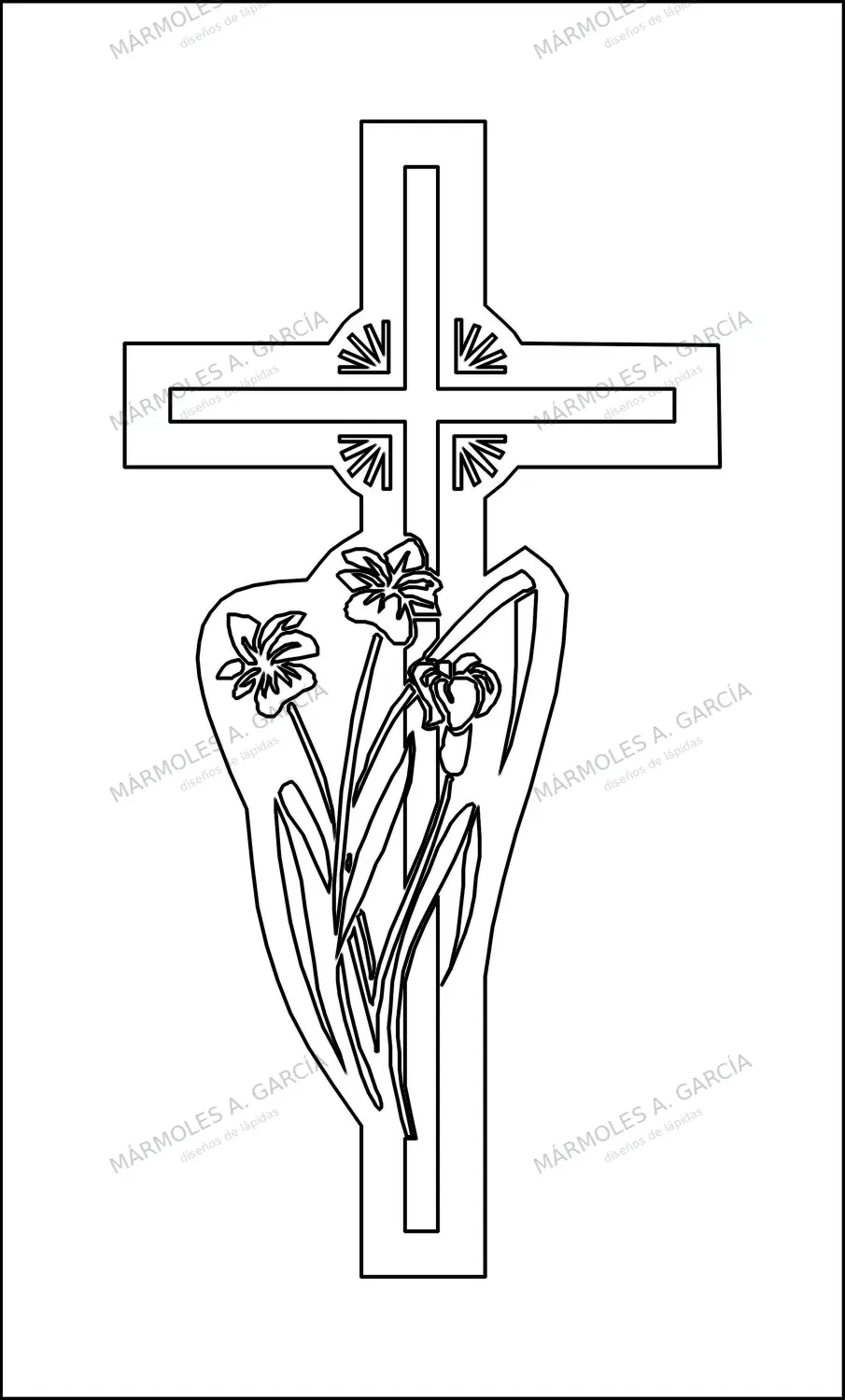 Diseño de lápida: Cruz destello con narcisos — Cruces para lápidas en CorelDraw para grabar