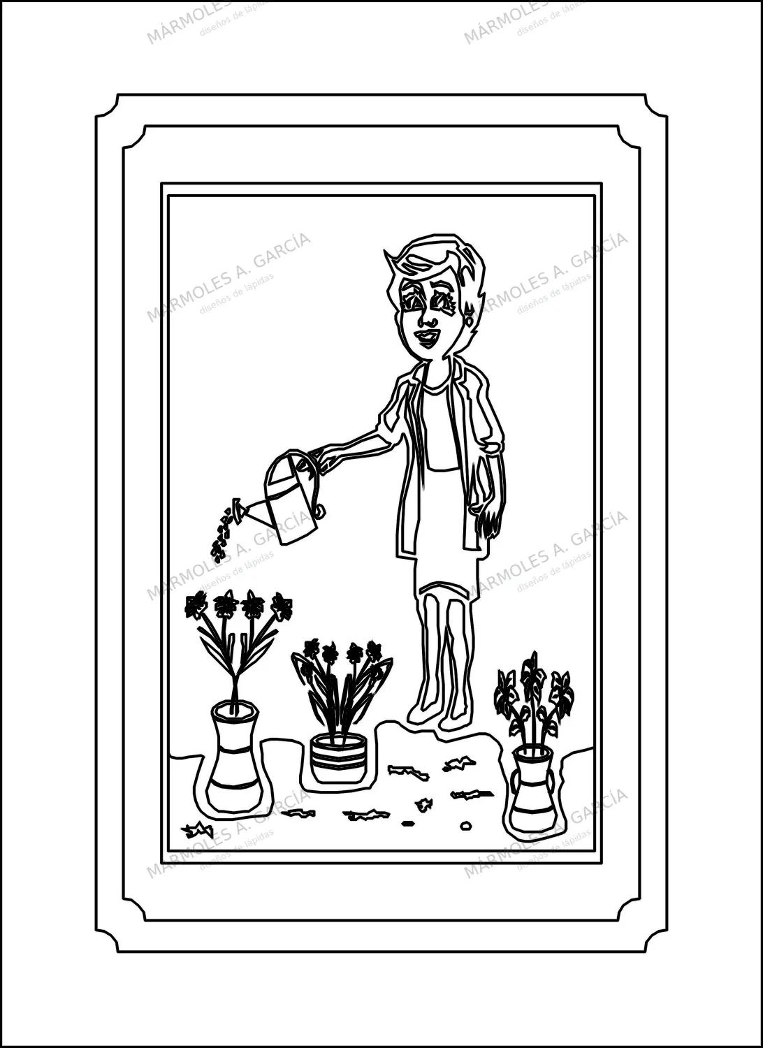 Diseño de lápida: Sra Regando Macetas — Figuras y paisajes en CorelDraw para grabar