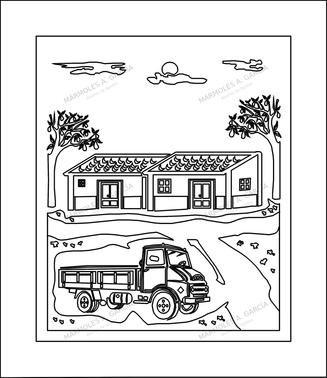 Diseño de lápida: Camion en el Campo — Figuras y paisajes en CorelDraw para grabar