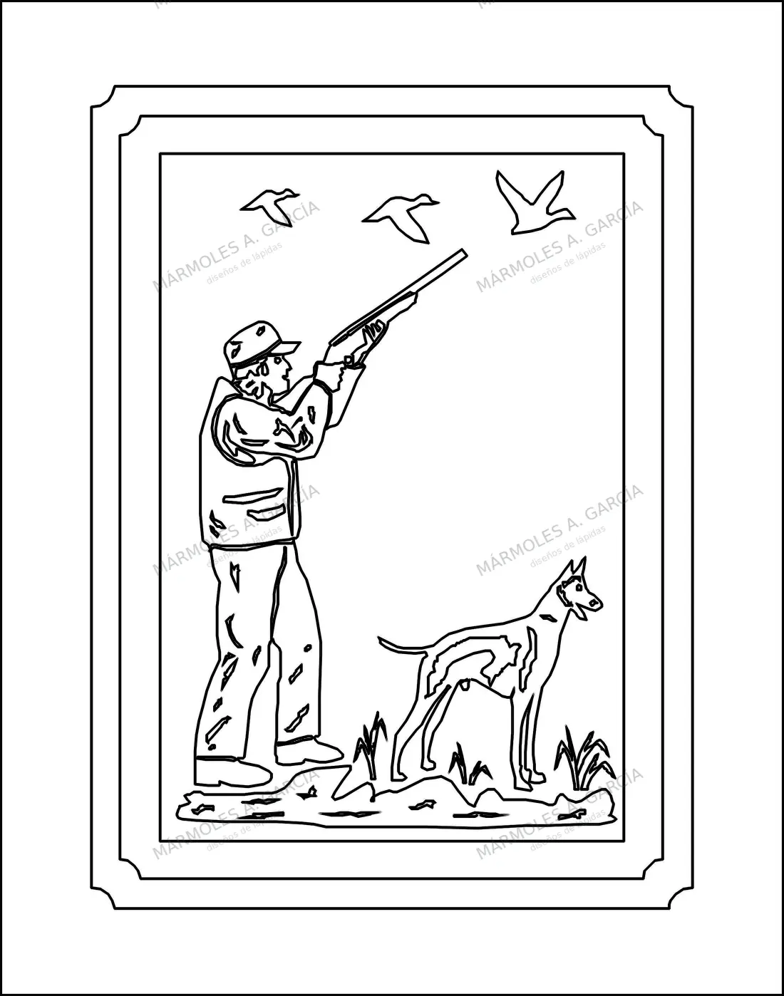 Diseño de lápida: Cazador con Podenco — Figuras y paisajes en CorelDraw para grabar