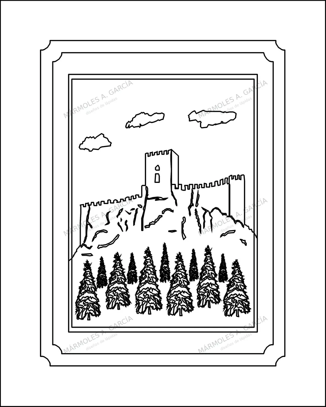 Diseño de lápida: Cuadro Castillo — Figuras y paisajes en CorelDraw para grabar