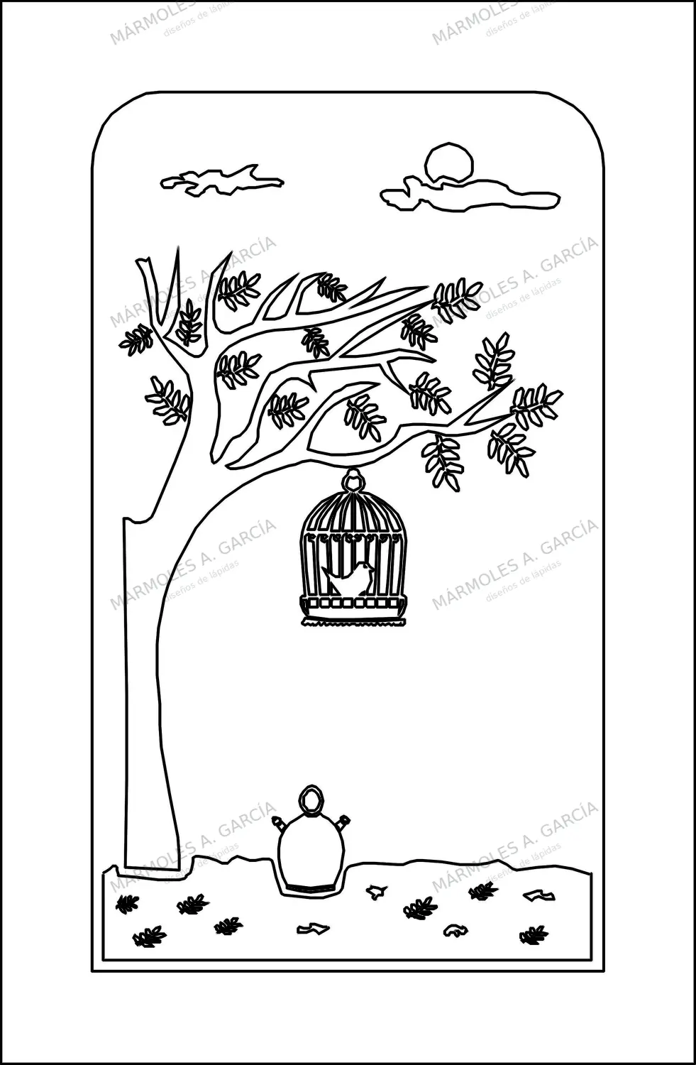 Diseño de lápida: Árbol con Jaula — Figuras y paisajes en CorelDraw para grabar